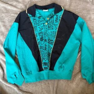 Vintage Southern Lady Teal and Black Patterned Top 80s